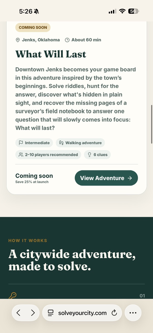 The Solve Your City adventure selection screen showing the What Will Last adventure.