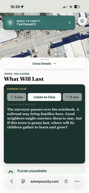 The Solve Your City player map and current clue screen for the What Will Last adventure.