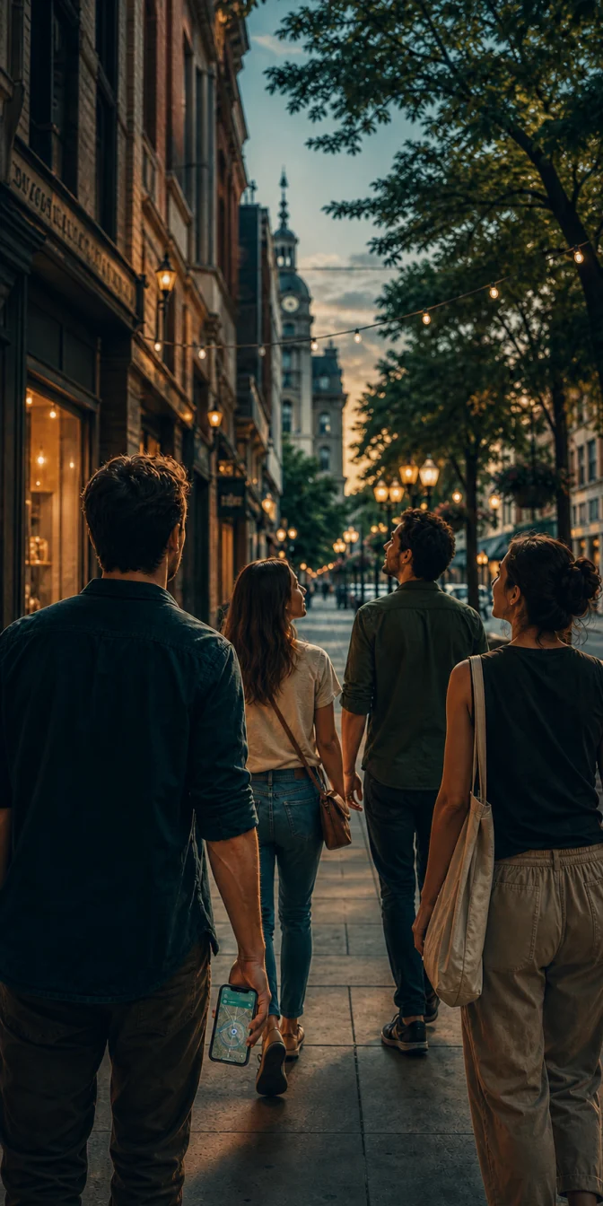 Players walking down a city street toward the location their clue leads to.