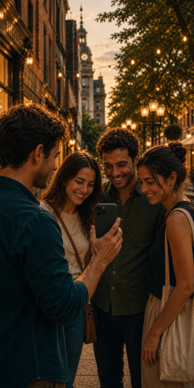 Friends celebrating the completion of a fictional city adventure together.